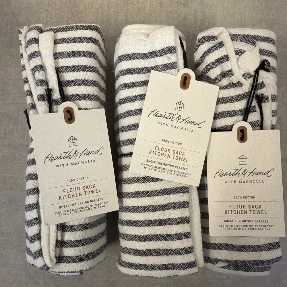 Magnolia Hearth Hand Kitchen Flour Sack Dish Towel Mini Stripe Charcoal Gray 3pc